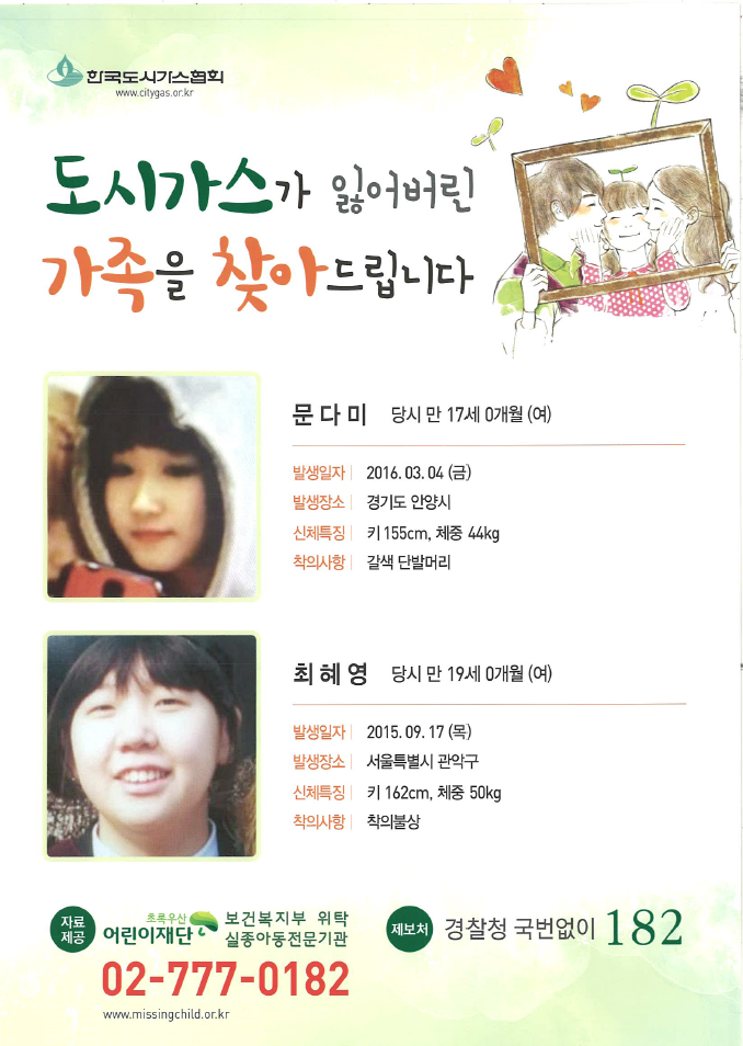 도시가스가 잃어버린 가족을 찾아드립니다. 문다미 당시 만 17세 0개월(여) 발생일자 2016.03.04(금) 발생장소 경기도 안양시 신체특징 키155cm, 체중 44kg 착의사항 갈색 단발머리 최혜영 당시 만 19세0개월(여) 발생일자 2015.09.17(목) 발생장소 서울특별시 관악구 신체특징 키162cm, 체중 50kg 착의사항 착의불상 자료제공 어린인재단 초록우산 보건복지부 위탁 실종아동 전문기관 02-777-0182 www.missingchild.or.kr 제보처 경찰청 국번없이 182