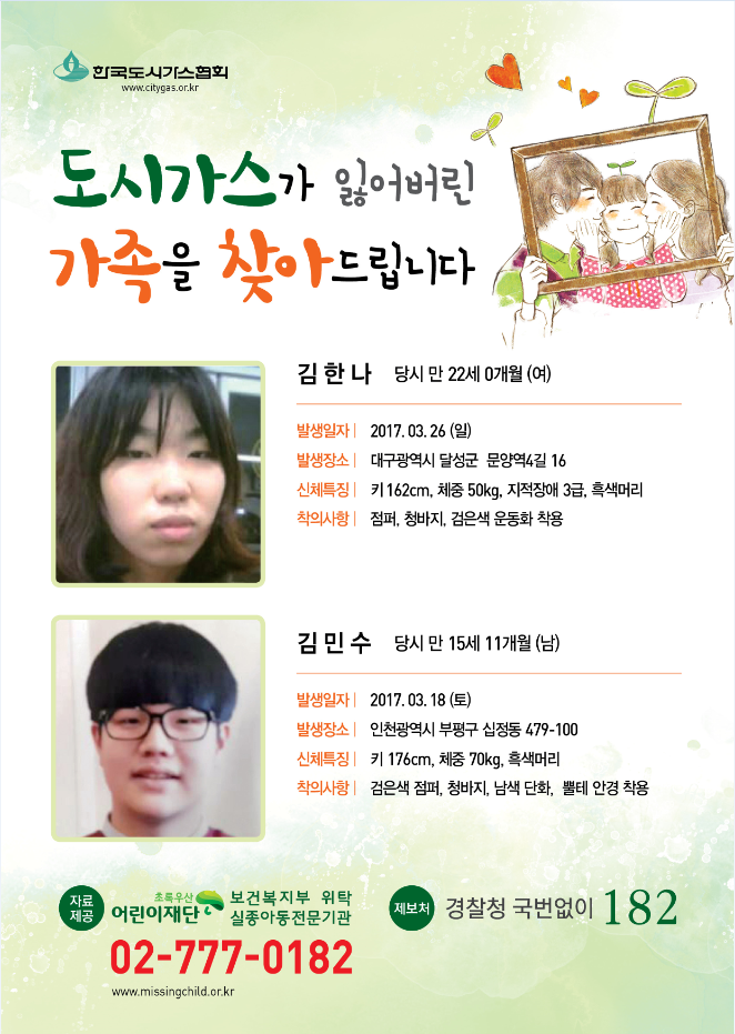 도시가스가 잃어버린 가족을 찾아드립니다. 1.김한나 당시 만22세0개월(여) 발생일자:2017.03.26(일) 발생장소:대구광역시 달성군 문양역4길 16 신체특징:키162cm,체중50kg,지적장애3급,흑색머리 착의사항:점퍼,청바지,검은색운동화 착용 2.김민수 당시 만15세11개월(남) 발생일자:2017.03.18(토) 발생장소:인천광역시 부평구 십정동 479-100 신체특징:키176cm, 체중70kg, 흑색머리 착의사항:검은색점퍼,청바지,남색단화,뿔테안경착용 제보처 경찰청 국번없이 182