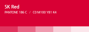 SK Red PANTONE 186 C / C0 M100 Y81 K4. 색상표: #e0335d, #e86685, #ef99ae, #f7ccd6, #fbe6eb