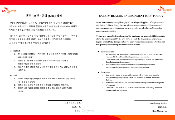 안전·보건·환경 (SHE) 방침 나래에너지서비스는 안전·보건·환경을 기업경영에 있어 핵심적인 가치로 인식한다. 인간위주의 경영이념을 통해, 임직원, 협력회사 및 이해관계자를 사업장재해로부터 안전하게 보호하며 무재해를 이루도록 노력한다. 친환경 경영이념을 통해 경영활동에서 발생하는 환경영향을 최소화 한다. 이러한 안전·보건·환경 경영 이념에 대한 의지와 그 실적이 Global 최고수준에 도달하도록 노력한다. 1.모든 임직원은 안전·보건·환경에 대한 리더십을 가지고 성과에 대한 책임을 가진다. 2. 사업장의 유해환경 및 불안전한 행동을 지속적으로 제거하여 구성원의 재해발생을 예방한다. 3. 지속적 개선과 예방활동을 통해 설비사고를 사전에 예방한다. 4. 개발, 설계, 설치, 운영, 공급 및 서비스 제공시 안전을 고려하고 환경을 보호한다. 5. 안전·보건·환경 경영시스템을 정기적으로 평가하고 그 결과를 대내외 이해 관계자에게 투명하게 공개한다. 6. 환경경영을 통한 오염방지 및 지구환경을 보존한다. 7. 방침을 달성하기 위해 법규를 준수하고 필요하다면 그 이상의 기준을 수립한다.
