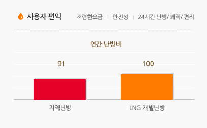 사용자 편익 (저렴한 요금, 안전성, 24시간 난방/쾌적/편리) : 연간 난방비는 지역난방이 91, LNG 개별난방이 100