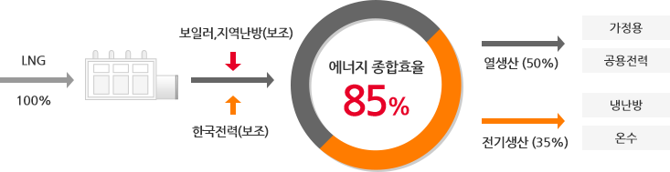 1. LNG(100%), 2. 보일러, 지역난방(보조)와 한국전력(보조), 3. 에너지 종합효율 85%, 4. 열생산(50%)으로 가정용과 공용전력을 전기생산(35%)으로 냉난방과 온수를 생산