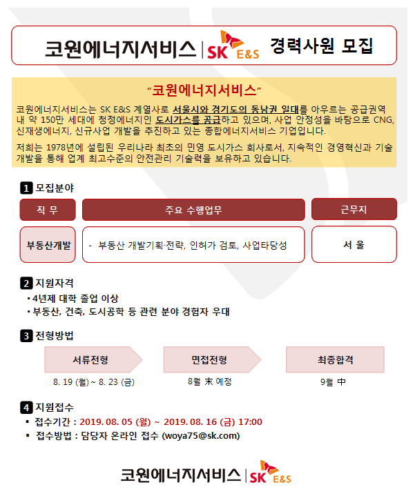 코원에너지서비스|SKE&S 경력사원 모집 코원에너지서비스 코원에너지서비스는 SK이노베이션 E&S 계열사로 서울시와 경기도의 동남권 일대를 아우르는 공급권역 내 약 150만 세대에 청정에너지인 도시가스를 공급하고 있으며, 사업 안정성을 바탕으로 CNG, 신재생에너지, 신규사업 개발을 추진하고 있는 종합에너지서비스 기업입니다. 
저희는 1978년에 설립된 우리나라 최초의 민영 도시가스 회사로서, 지속적인 경영혁신과 기술개발을 통해 업계 최고수준의 안전관리 기술력을 보유하고 있습니다. 1.모집분야 직무 부동산개발 주요수행업무  부동산 개발기획·전략, 인허가 검토, 사업타당성 근무지 서울 2.지원자격 4년제 대학 졸업 이상 부동산,건축,도시공학 등 관련 분야 경험자 우대 3.전형방법 서류전형  8. 19 (월) ~  8. 23 (금) 면접전형 8월말예정 최종합격 9월중 4.지원접수   접수기간 : 2019. 08. 05 (월) ~ 2019. 08. 16 (금) 17:00 접수방법 : 담당자 온라인 접수 (woya75@sk.com) 